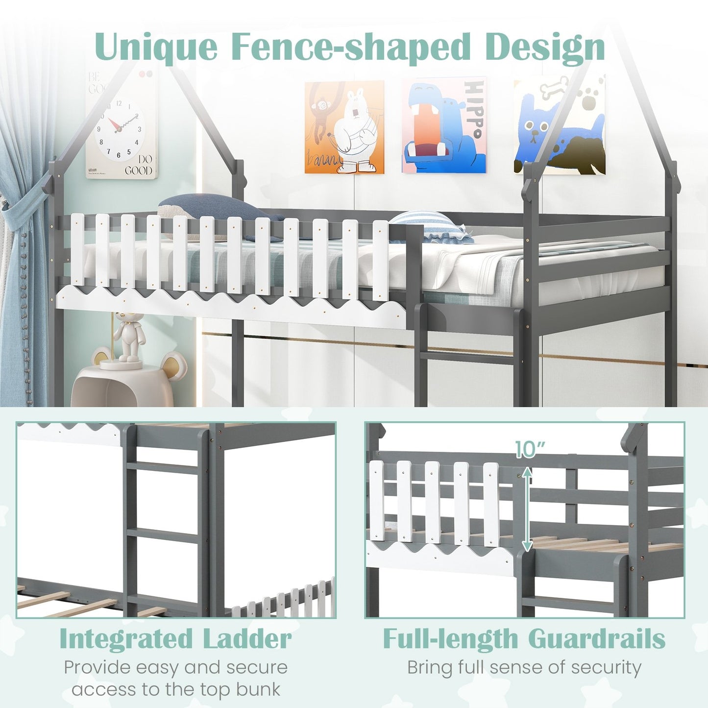 Twin Over Twin Bunk Bed with Fence and Ladder for Kids, Gray Bunk Bed Frame at Gallery Canada
