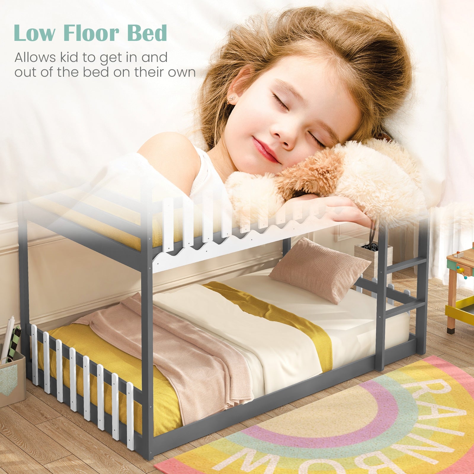 Twin Over Twin Bunk Bed with Fence and Ladder for Kids, Gray Bunk Bed Frame at Gallery Canada