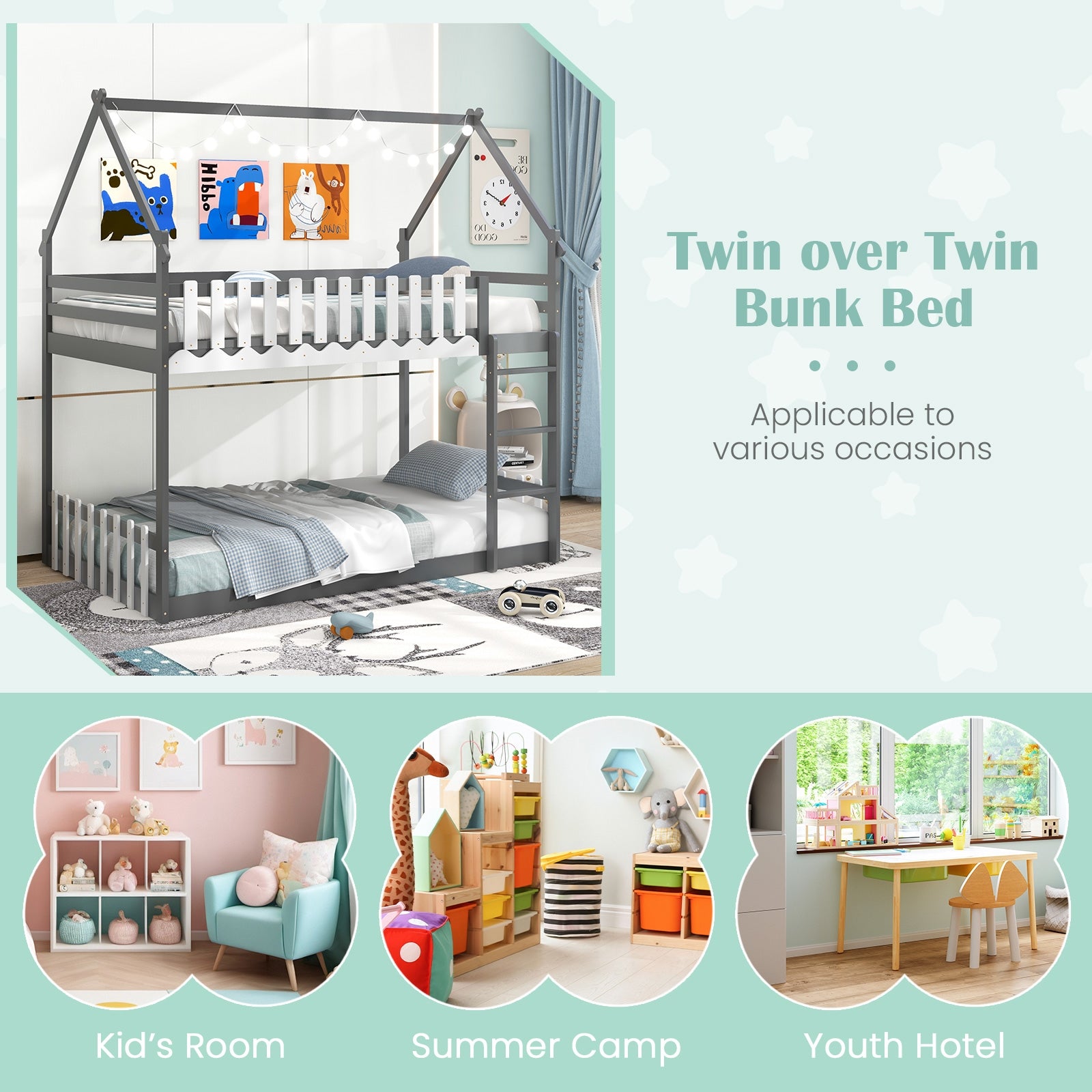 Twin Over Twin Bunk Bed with Fence and Ladder for Kids, Gray Bunk Bed Frame at Gallery Canada