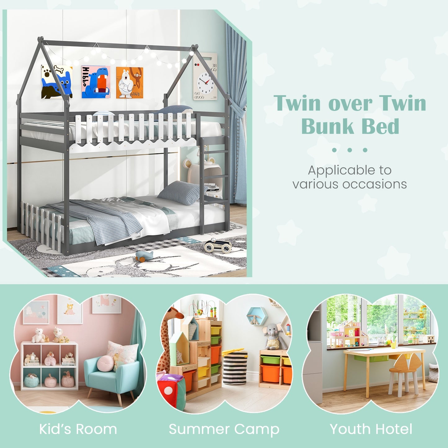 Twin Over Twin Bunk Bed with Fence and Ladder for Kids, Gray Bunk Bed Frame at Gallery Canada