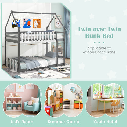 Twin Over Twin Bunk Bed with Fence and Ladder for Kids, Gray Bunk Bed Frame at Gallery Canada