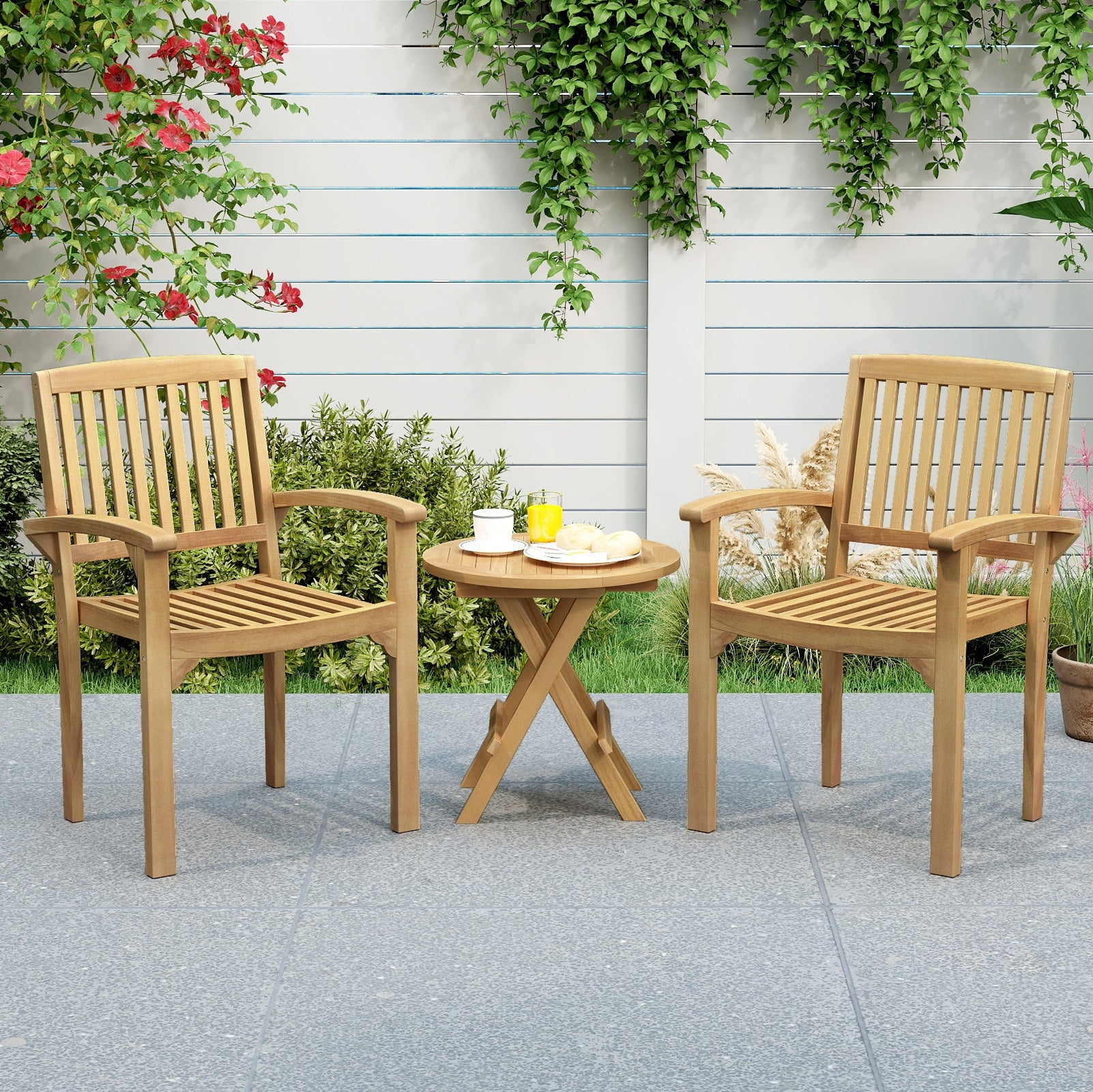 Set of 2 Outdoor Patio Chair with Slatted Seat and Curved Seat, Natural Patio Dining Chairs at Gallery Canada