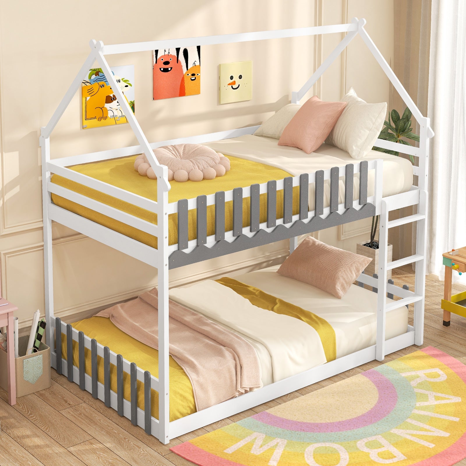Twin Over Twin Bunk Bed with Fence and Ladder for Kids, White Bunk Bed Frame at Gallery Canada