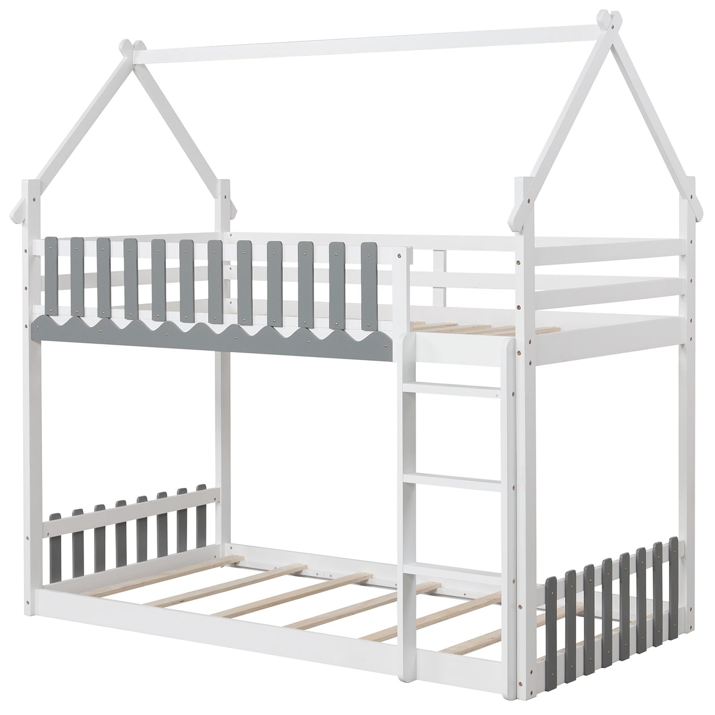 Twin Over Twin Bunk Bed with Fence and Ladder for Kids, White Bunk Bed Frame White at Gallery Canada