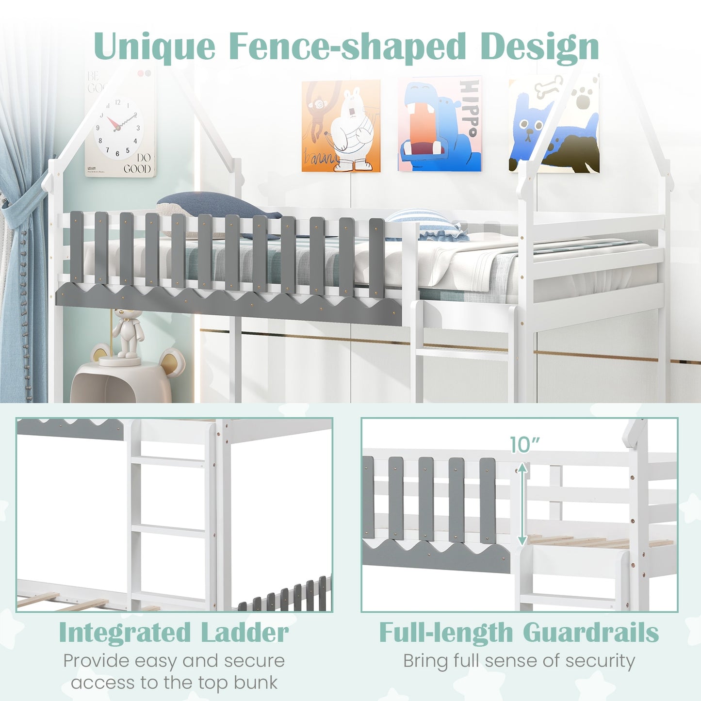 Twin Over Twin Bunk Bed with Fence and Ladder for Kids, White Bunk Bed Frame at Gallery Canada
