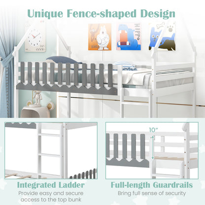 Twin Over Twin Bunk Bed with Fence and Ladder for Kids, White Bunk Bed Frame at Gallery Canada
