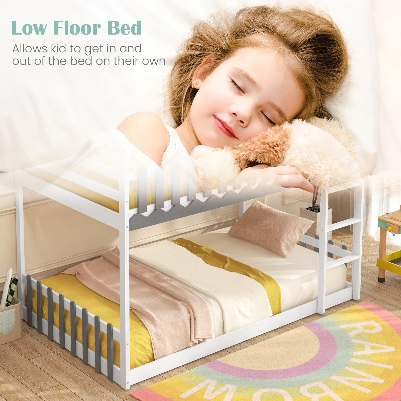 Twin Over Twin Bunk Bed with Fence and Ladder for Kids, White Bunk Bed Frame at Gallery Canada