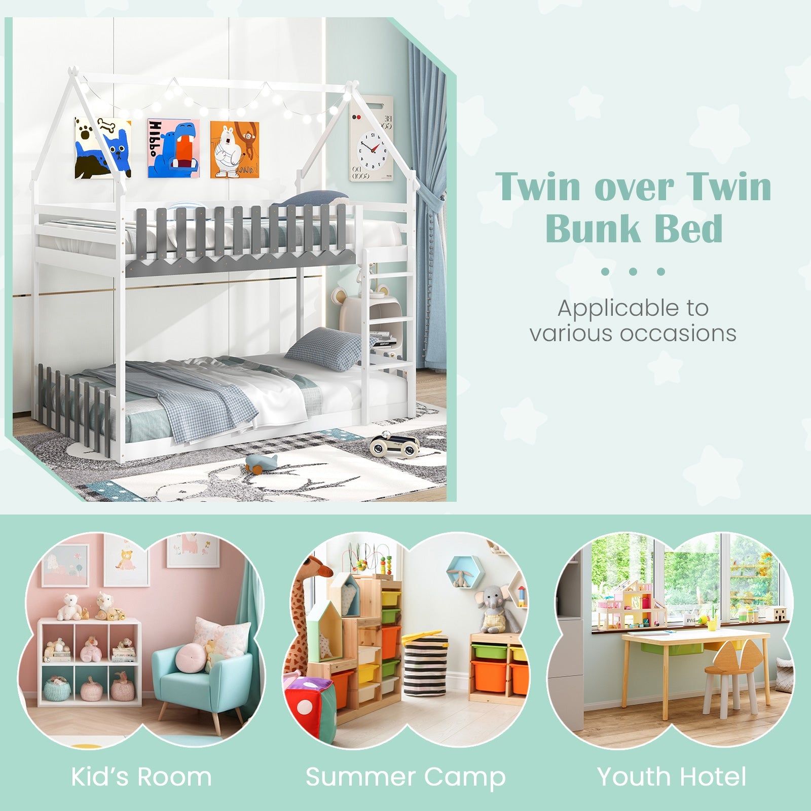 Twin Over Twin Bunk Bed with Fence and Ladder for Kids, White Bunk Bed Frame at Gallery Canada