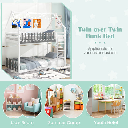 Twin Over Twin Bunk Bed with Fence and Ladder for Kids, White Bunk Bed Frame at Gallery Canada