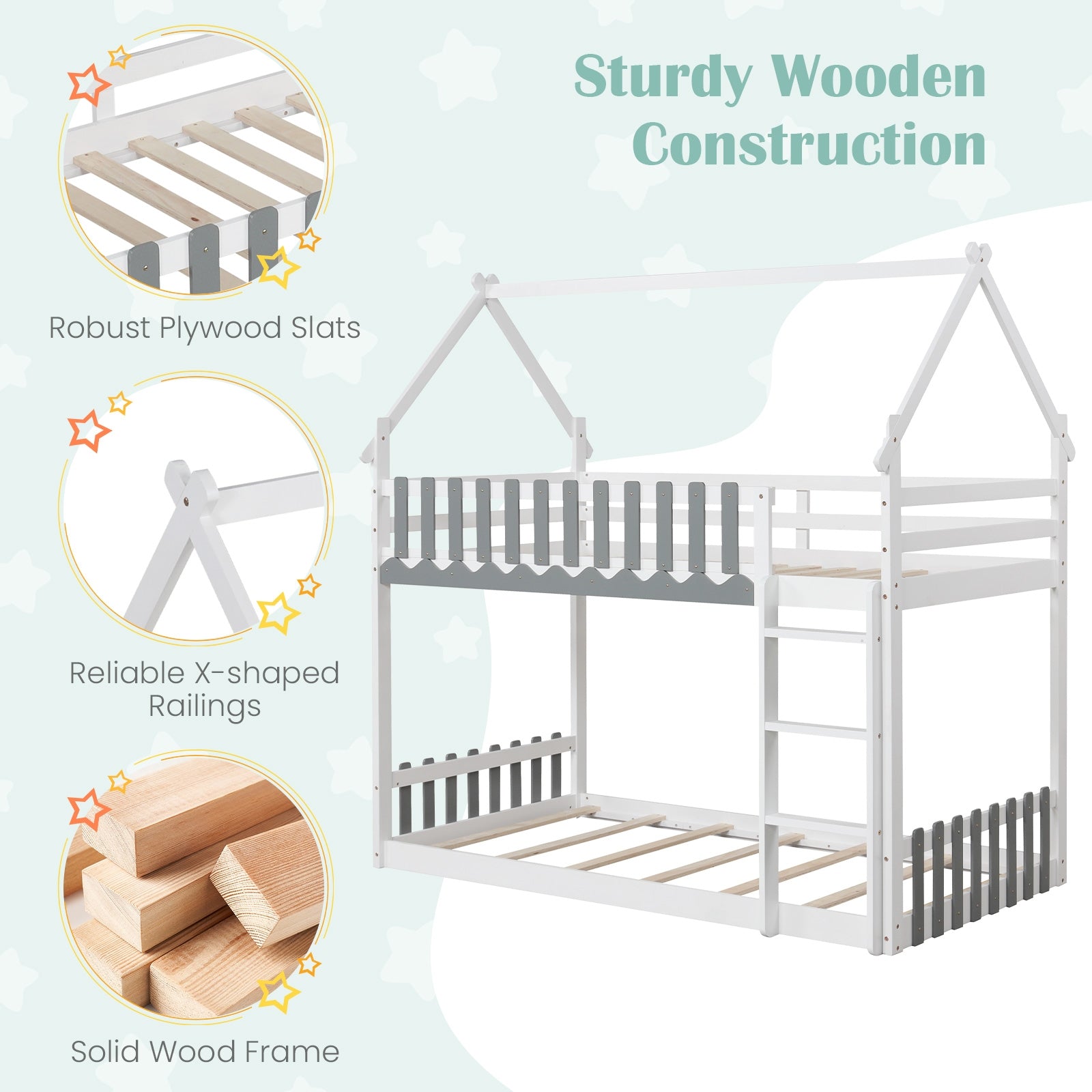 Twin Over Twin Bunk Bed with Fence and Ladder for Kids, White Bunk Bed Frame at Gallery Canada