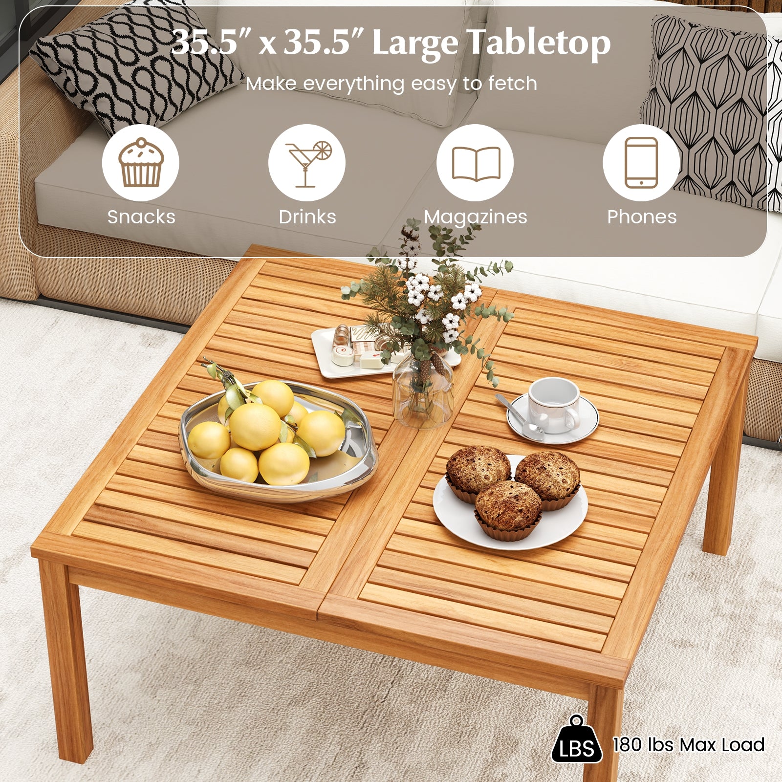 35.5 Inches Patio Solid Acacia Wood Coffee Table Side Table, Natural Patio Coffee Tables at Gallery Canada