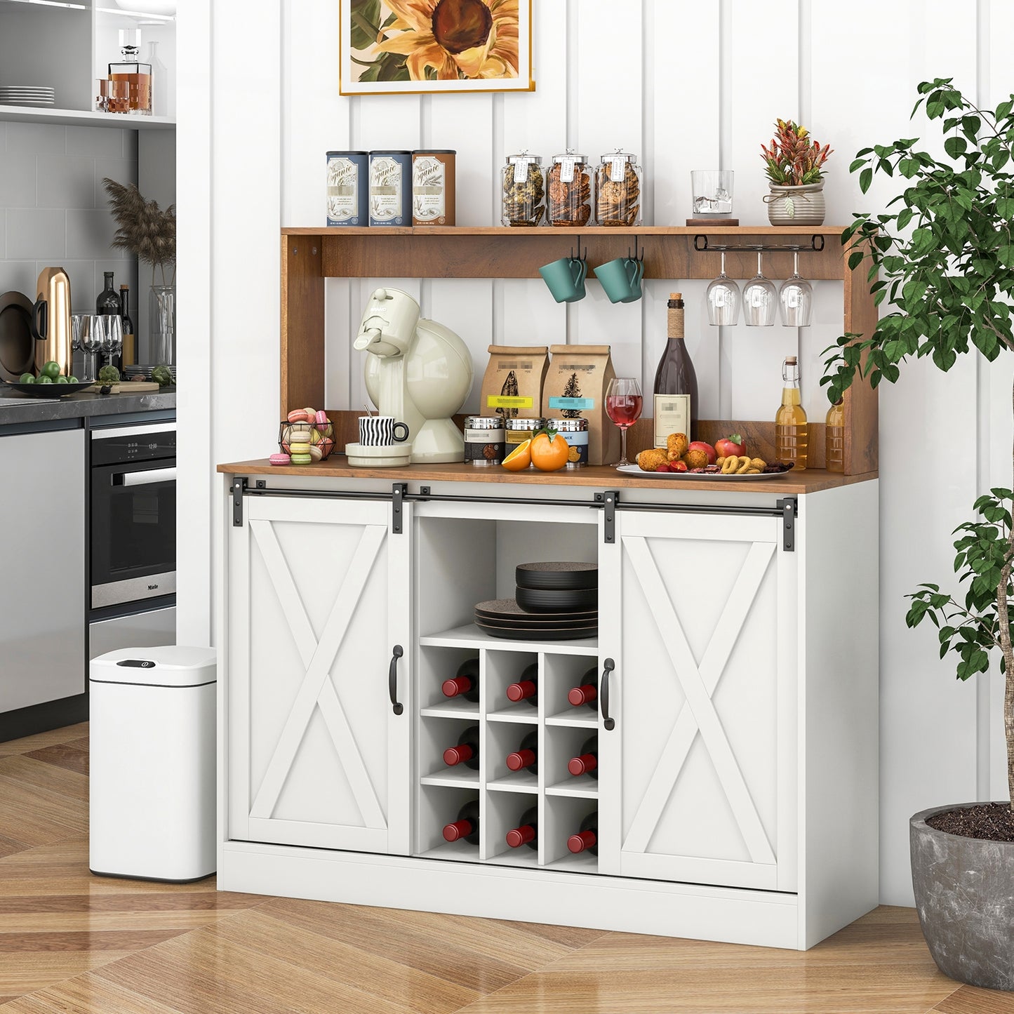 Farmhouse Coffee Bar Cabinet with Charging Station and Sliding Barn Doors, White Sideboards Cabinets & Buffets at Gallery Canada