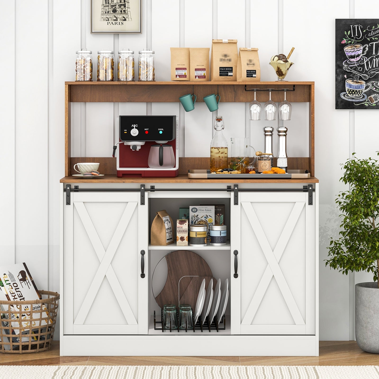 Farmhouse Coffee Bar Cabinet with Charging Station and Sliding Barn Doors, White Sideboards Cabinets & Buffets at Gallery Canada