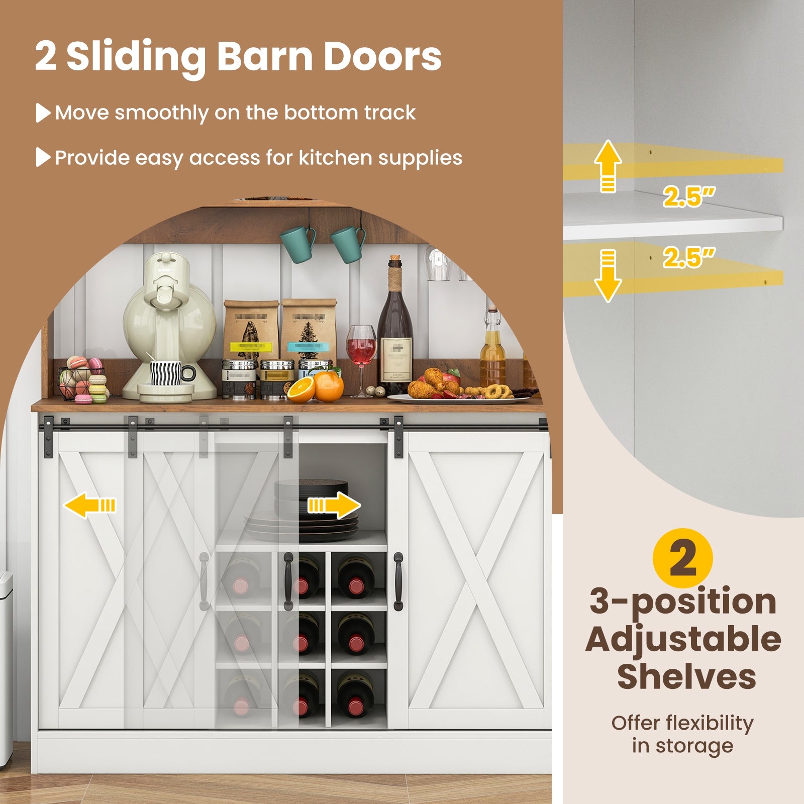 Farmhouse Coffee Bar Cabinet with Charging Station and Sliding Barn Doors, White Sideboards Cabinets & Buffets at Gallery Canada