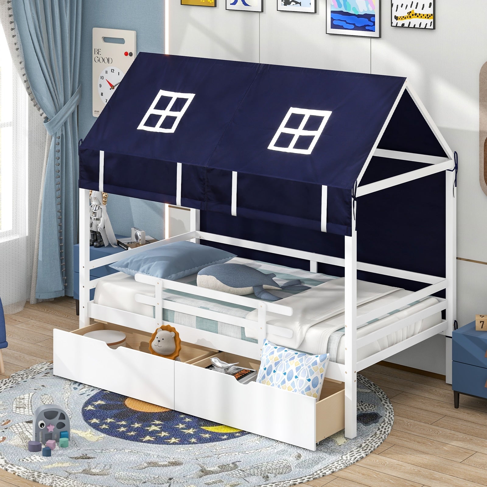 Twin House Bed with Tent and 2 Storage Drawers for Kids, White Simple Bed Frame at Gallery Canada