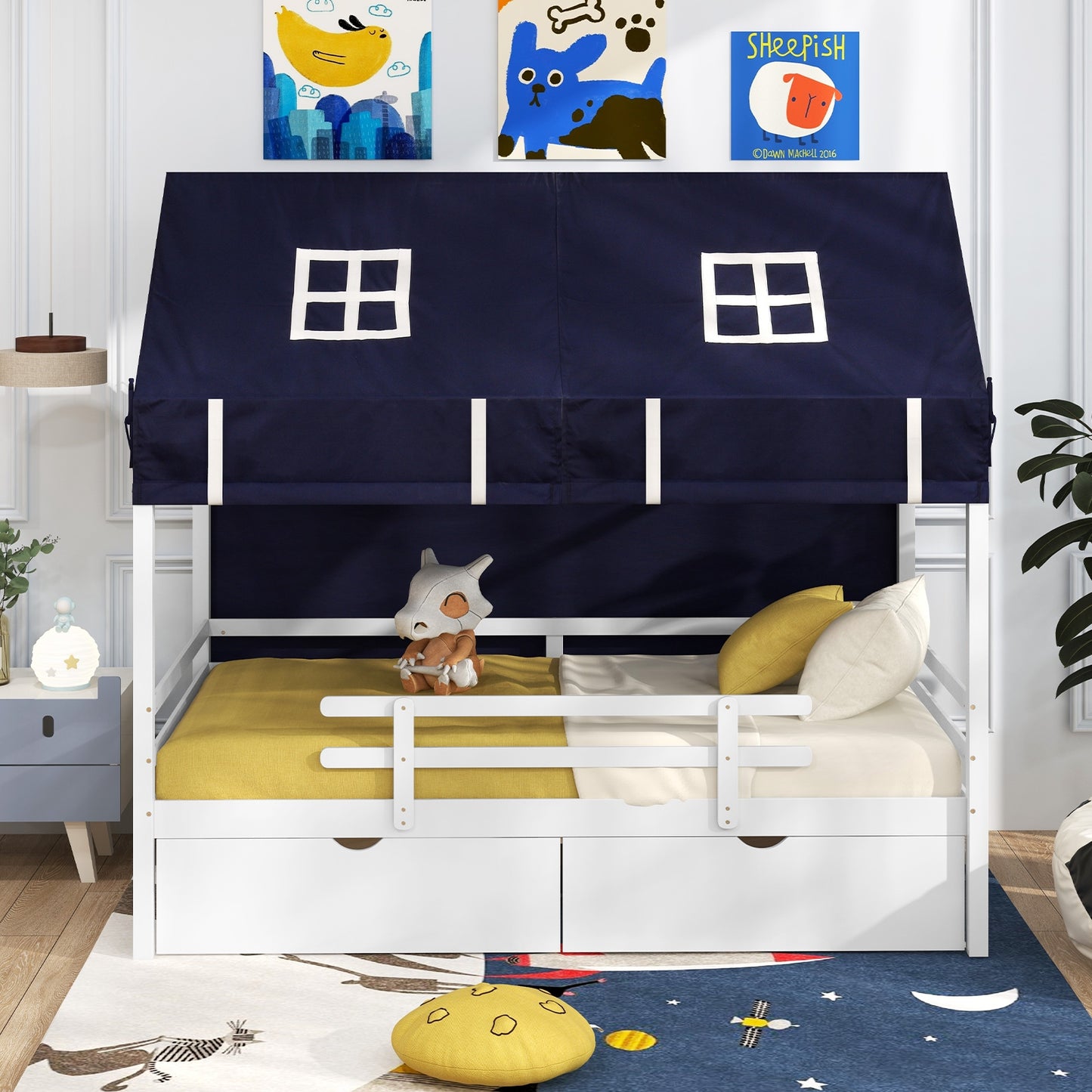 Twin House Bed with Tent and 2 Storage Drawers for Kids, White Simple Bed Frame at Gallery Canada