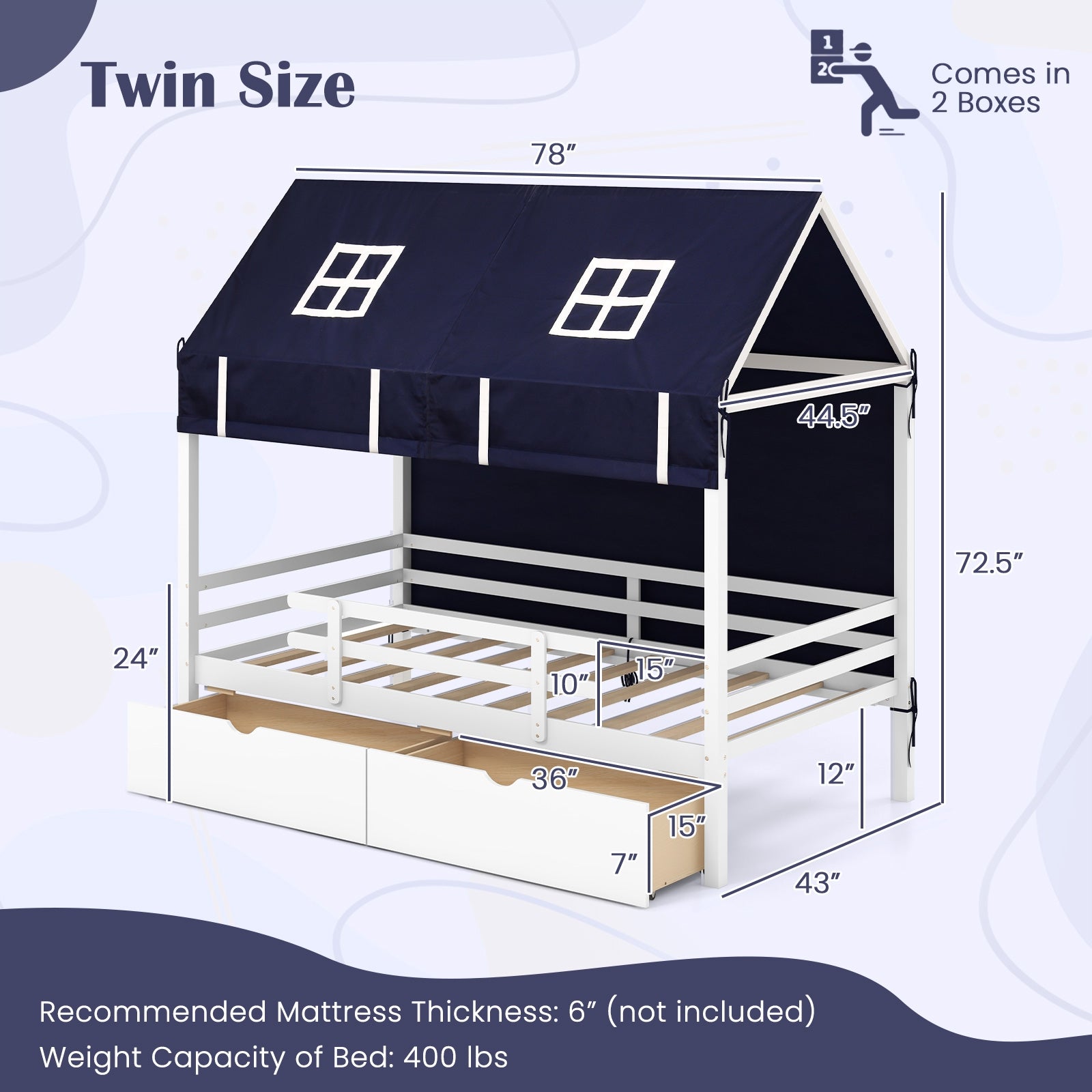 Twin House Bed with Tent and 2 Storage Drawers for Kids, White Simple Bed Frame at Gallery Canada