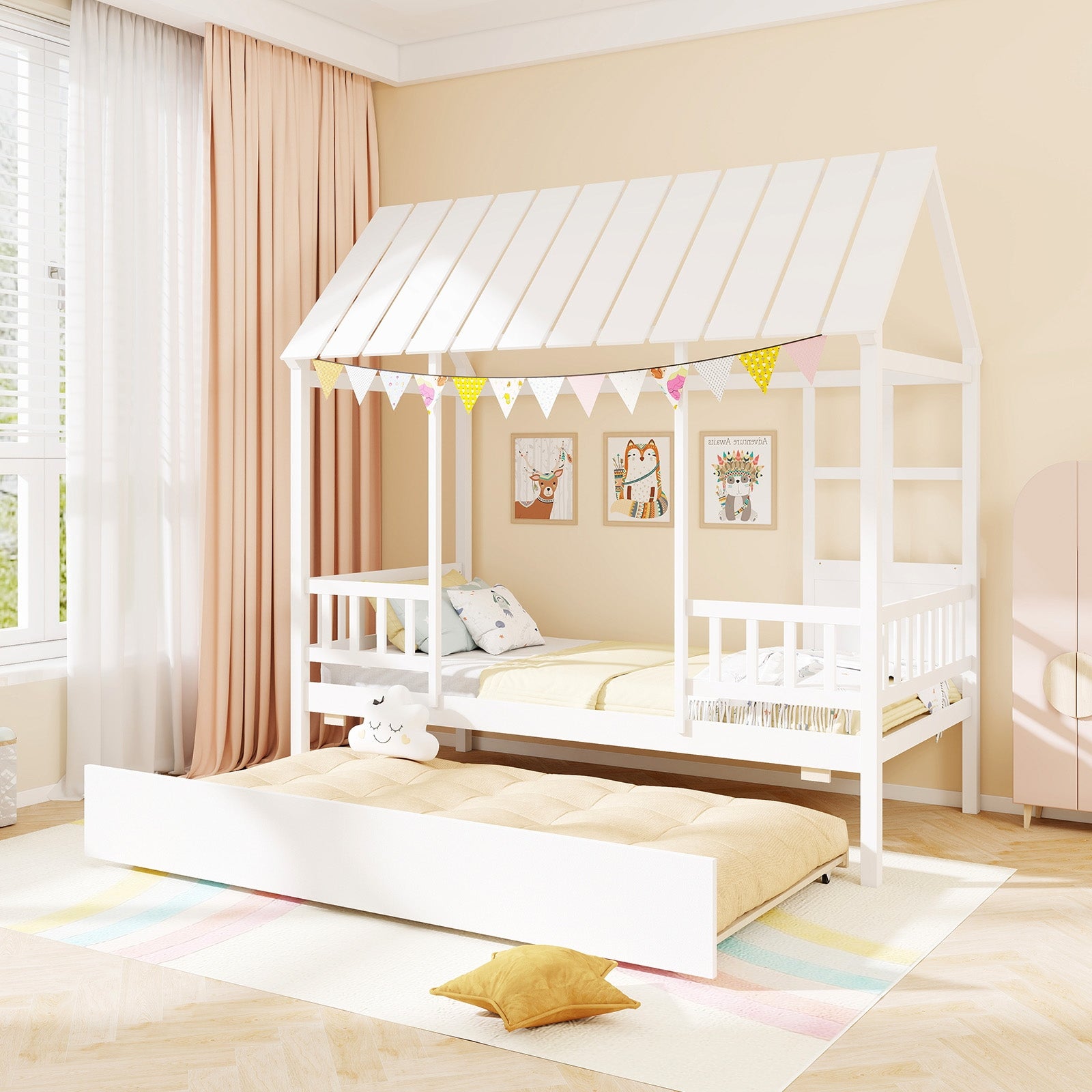 Twin Size House Bed with Trundle Kids Platform Bed with Roof Window, White Beds & Bed Frames at Gallery Canada