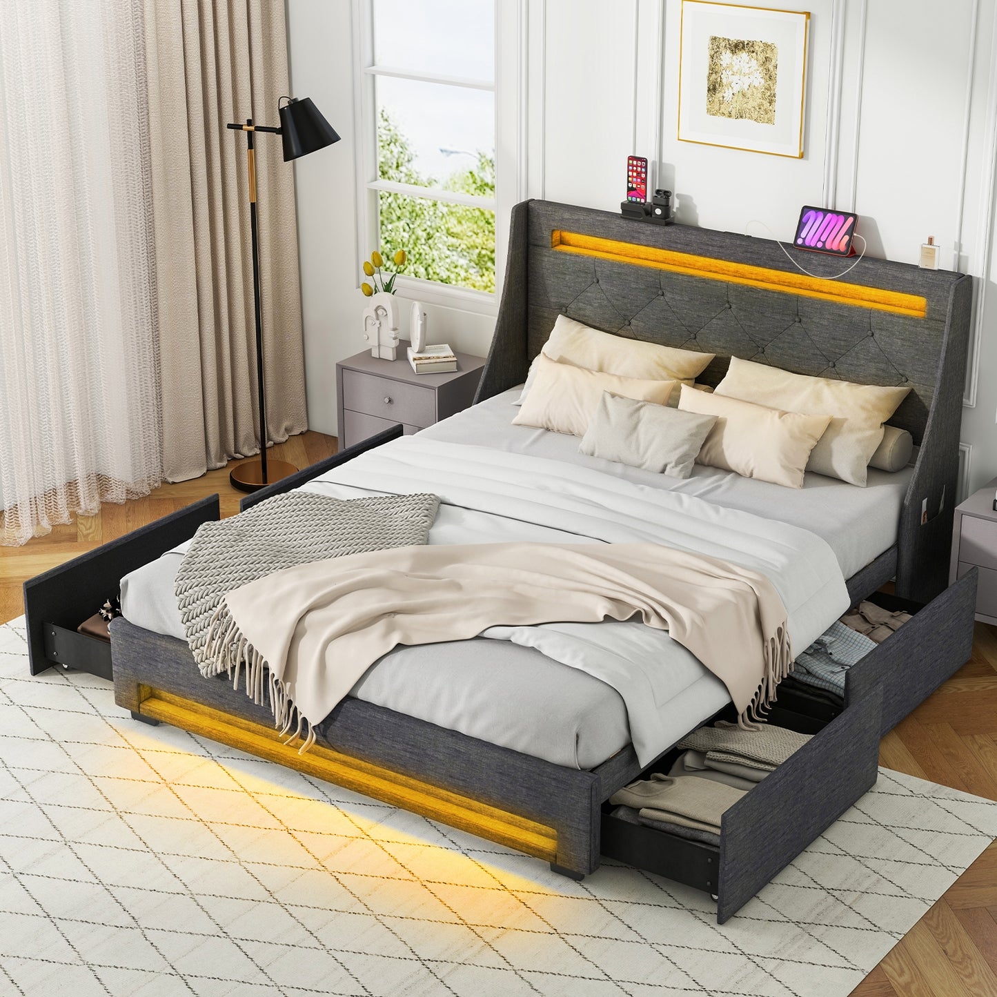 Full Size Bed Frame with LED Lights Wingback Headboard and Charging Station-Grey, Gray Simple Bed Frame at Gallery Canada