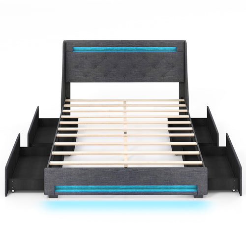 Full Size Bed Frame, LED Headboard, Charging Station, Gray