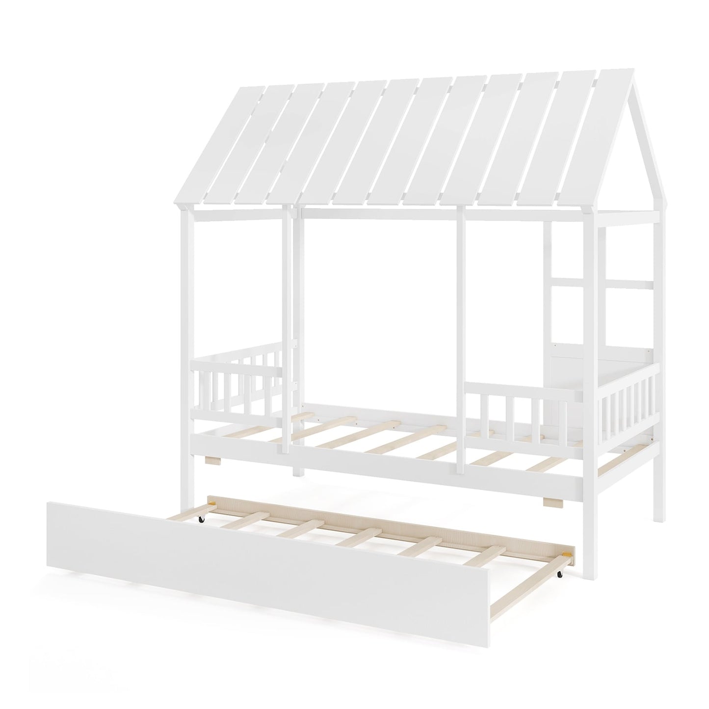 Twin Size House Bed With Trundle, Platform, Roof Window, White Beds & Bed Frames White at Gallery Canada