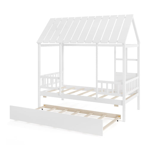 Twin Size House Bed With Trundle, Platform, Roof Window, White