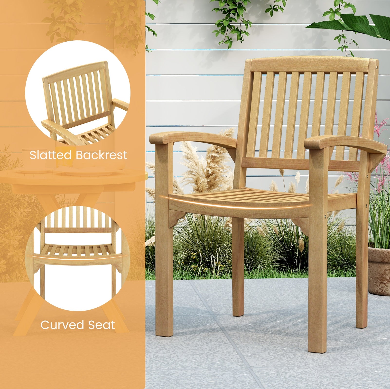 Set of 2 Outdoor Patio Chair with Slatted Seat and Curved Seat, Natural Patio Dining Chairs at Gallery Canada
