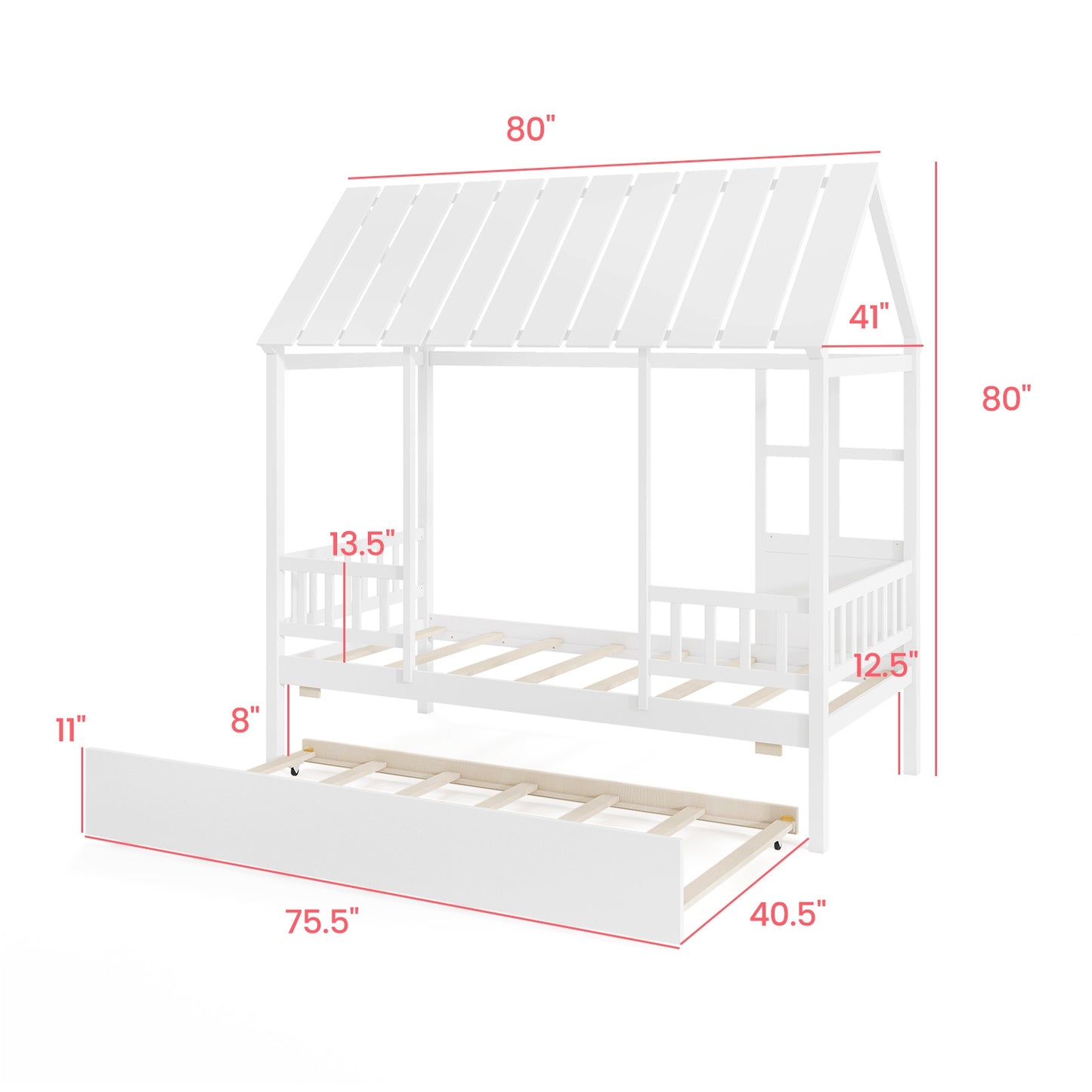 Twin Size House Bed with Trundle Kids Platform Bed with Roof Window, White Beds & Bed Frames at Gallery Canada