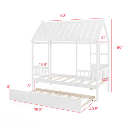Twin Size House Bed with Trundle Kids Platform Bed with Roof Window, White Beds & Bed Frames at Gallery Canada