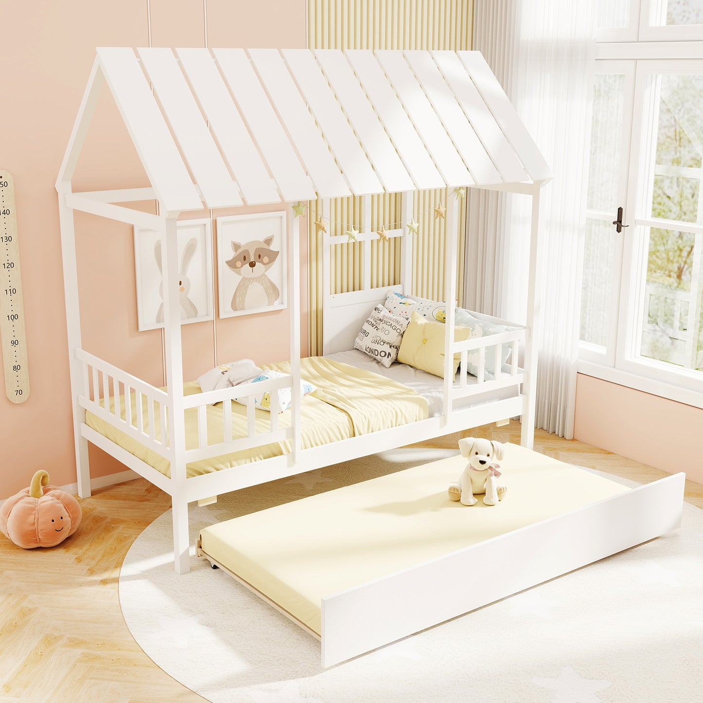 Twin Size House Bed with Trundle Kids Platform Bed with Roof Window, White Beds & Bed Frames at Gallery Canada