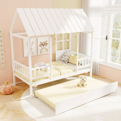 Twin Size House Bed with Trundle Kids Platform Bed with Roof Window, White Beds & Bed Frames at Gallery Canada