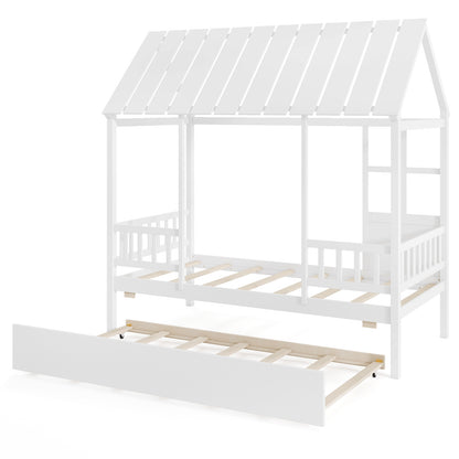 Twin Size House Bed with Trundle Kids Platform Bed with Roof Window, White Beds & Bed Frames at Gallery Canada