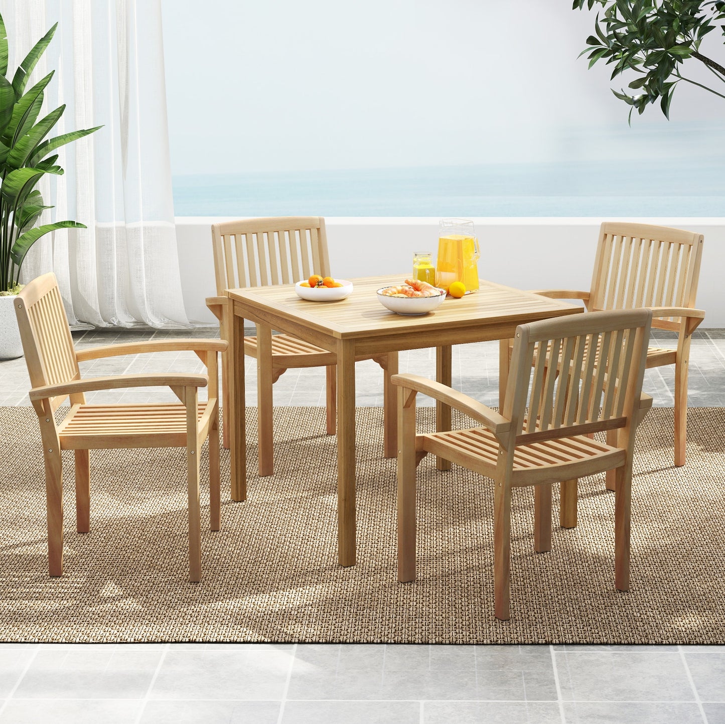 Set of 4 Outdoor Patio Chair with Slatted Seat and Curved Seat, Natural Patio Dining Chairs at Gallery Canada