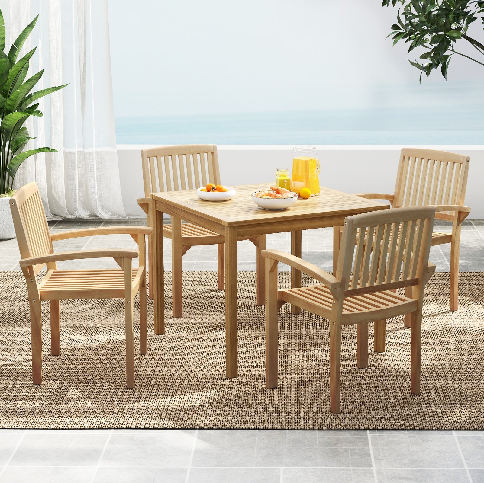 Set of 4 Outdoor Patio Chair with Slatted Seat and Curved Seat, Natural Patio Dining Chairs at Gallery Canada