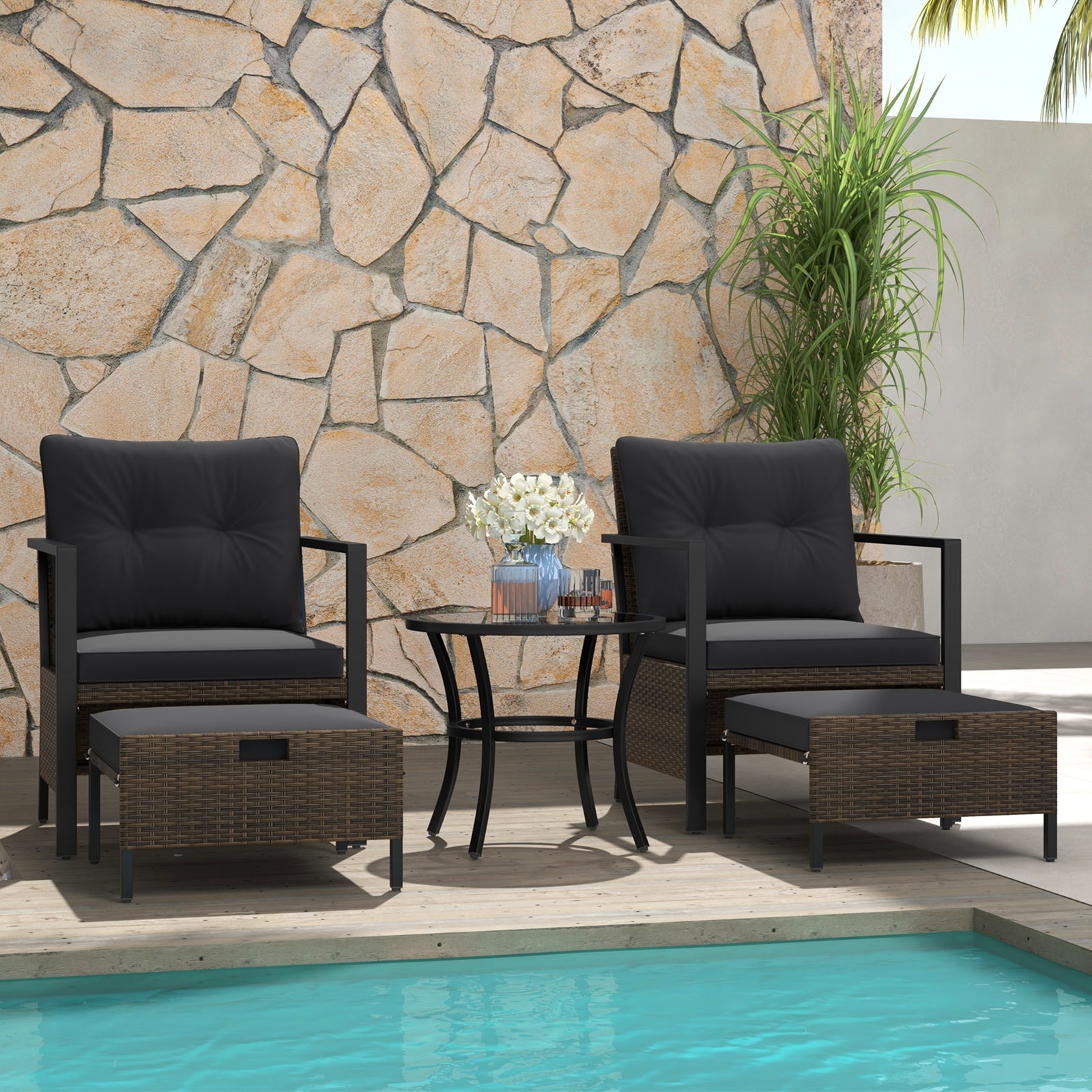4 Piece Outdoor Furniture Set with Glass Topped Coffee Table, Black Patio Conversation Sets at Gallery Canada