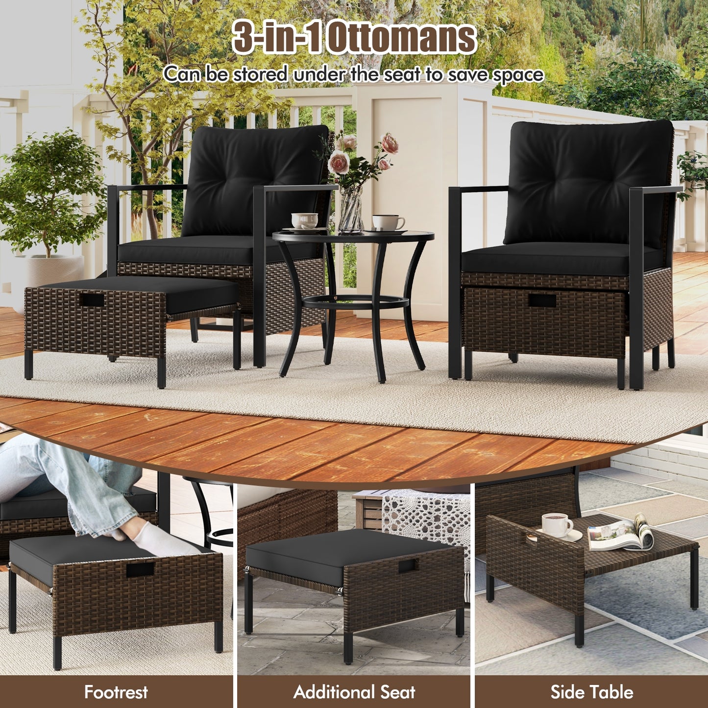 4 Piece Outdoor Furniture Set with Glass Topped Coffee Table, Black Patio Conversation Sets at Gallery Canada