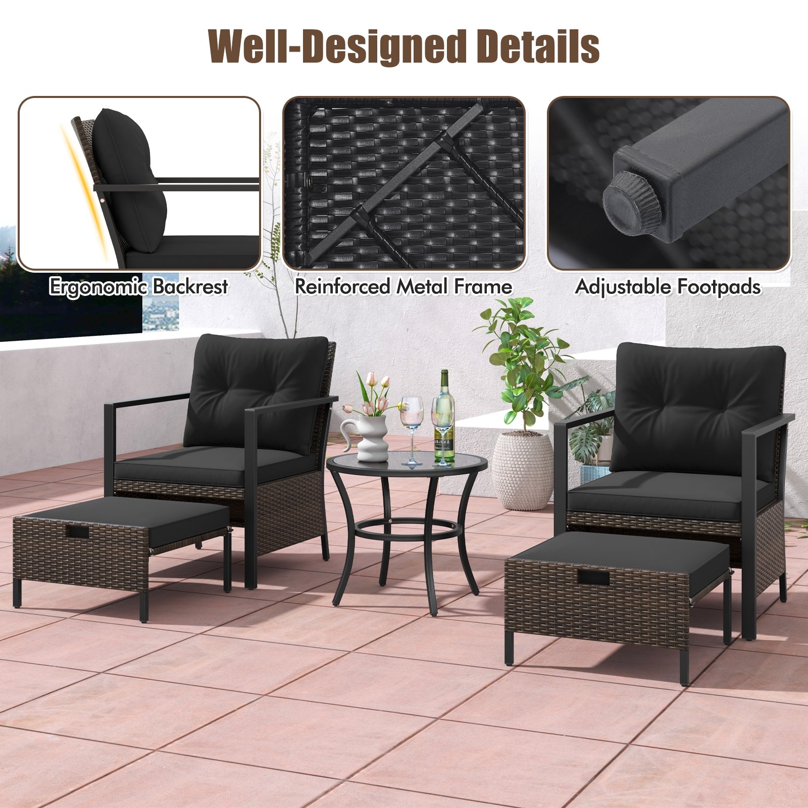 4 Piece Outdoor Furniture Set with Glass Topped Coffee Table, Black Patio Conversation Sets at Gallery Canada