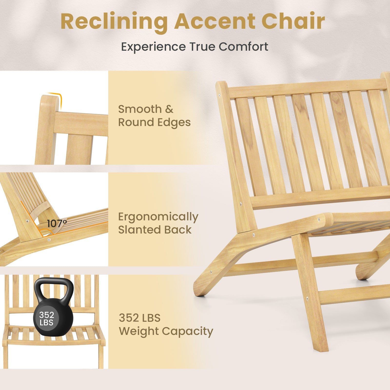 Teak Wood Outdoor Reclining Chair with Comfortable Backrest, Natural Beach & Lawn Chairs at Gallery Canada