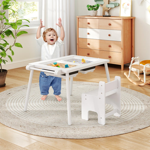 Sensory Table and Chair Set for Kids 2-8 with Foldable Bins, White