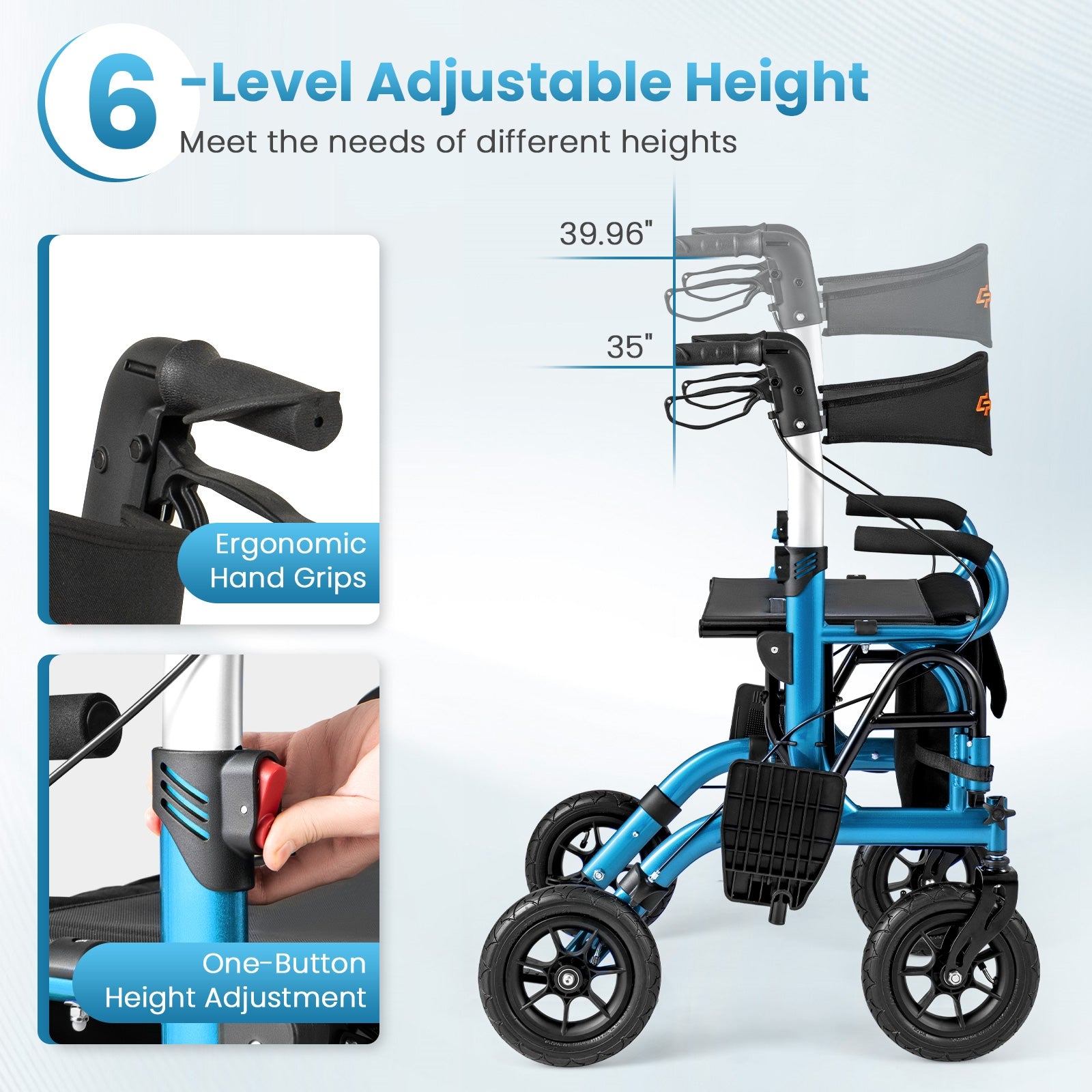 2-in-1 Foldable Rollator Walker with Seat abd 9 Inch Pneumatic Tires for Seniors, Navy Walkers & Rollators at Gallery Canada