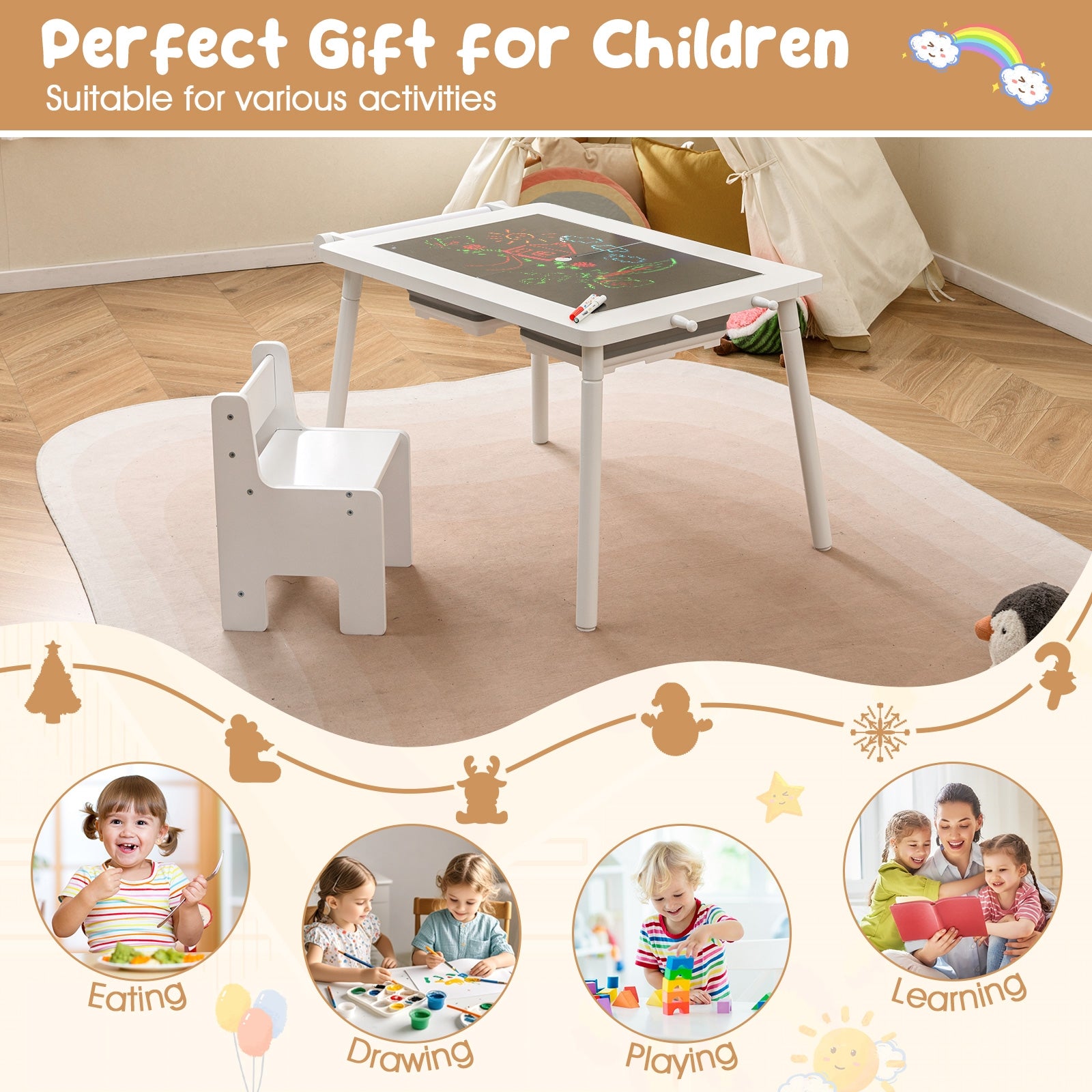 Sensory Table and Chair Set for Kids 2-8 with Foldable Bins, White Kids Table & Chair Sets at Gallery Canada