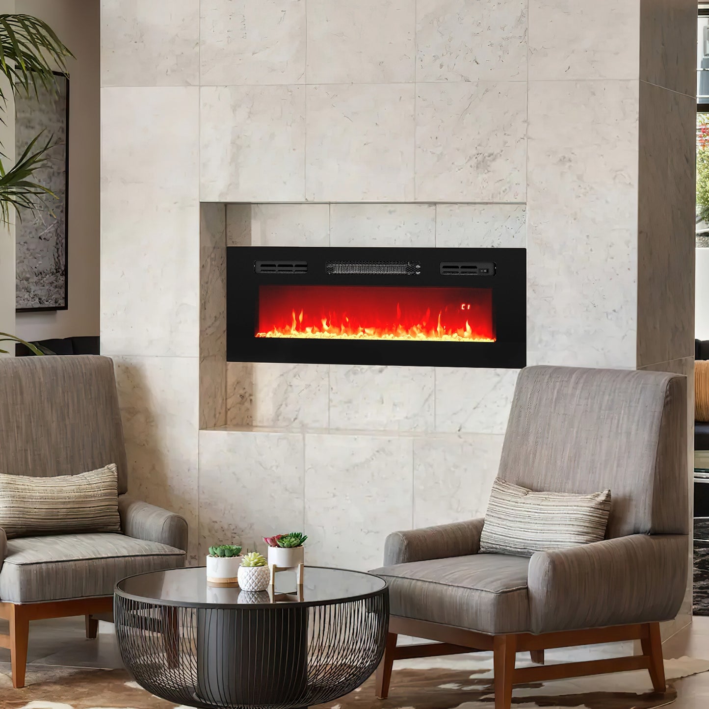 36 Inches Electric Fireplace Heater Recessed with LED Strip Lights and Remote Control, Black Fireplaces at Gallery Canada