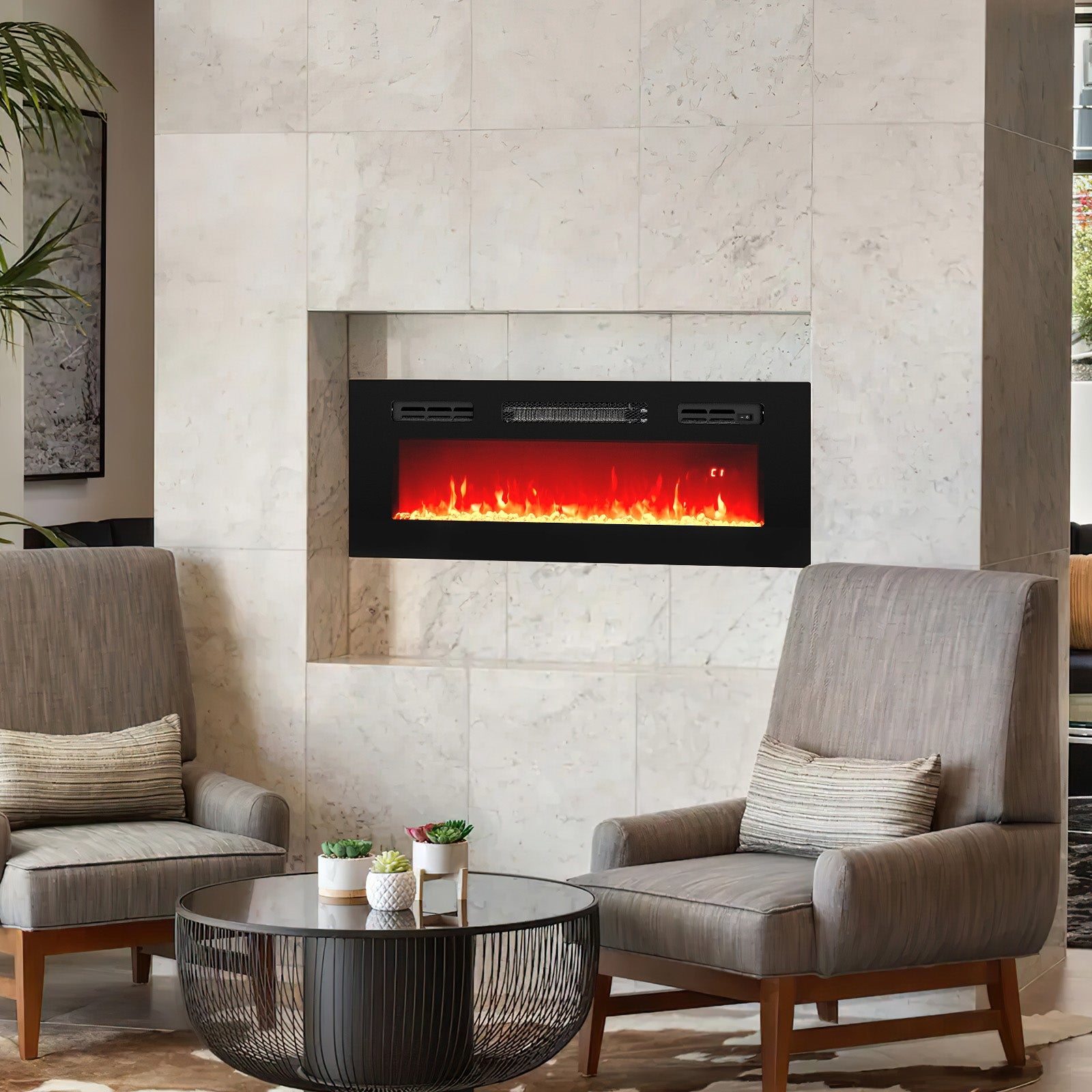 36 Inches Electric Fireplace Heater Recessed with LED Strip Lights and Remote Control, Black Fireplaces at Gallery Canada