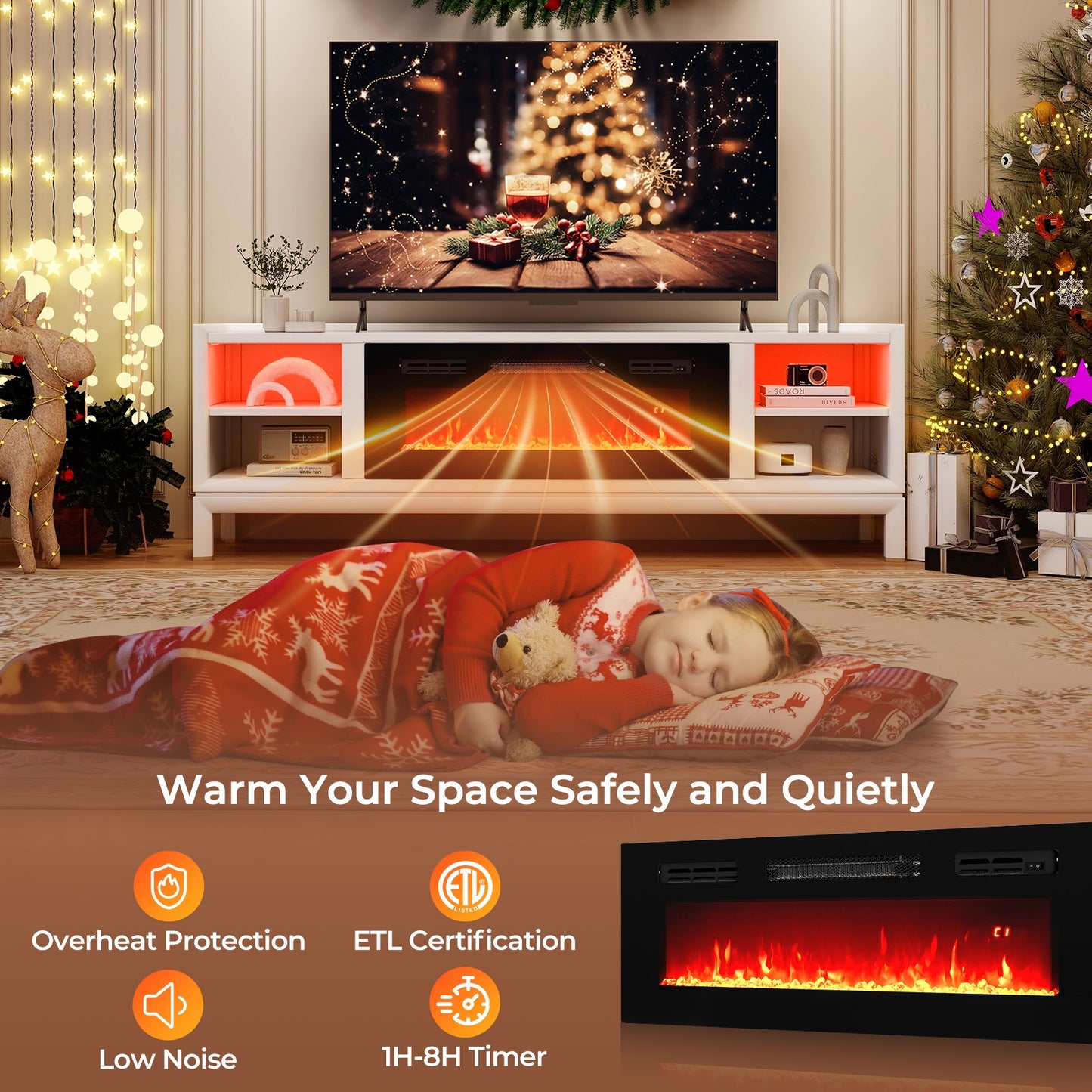 36 Inches Electric Fireplace Heater Recessed with LED Strip Lights and Remote Control, Black Fireplaces at Gallery Canada