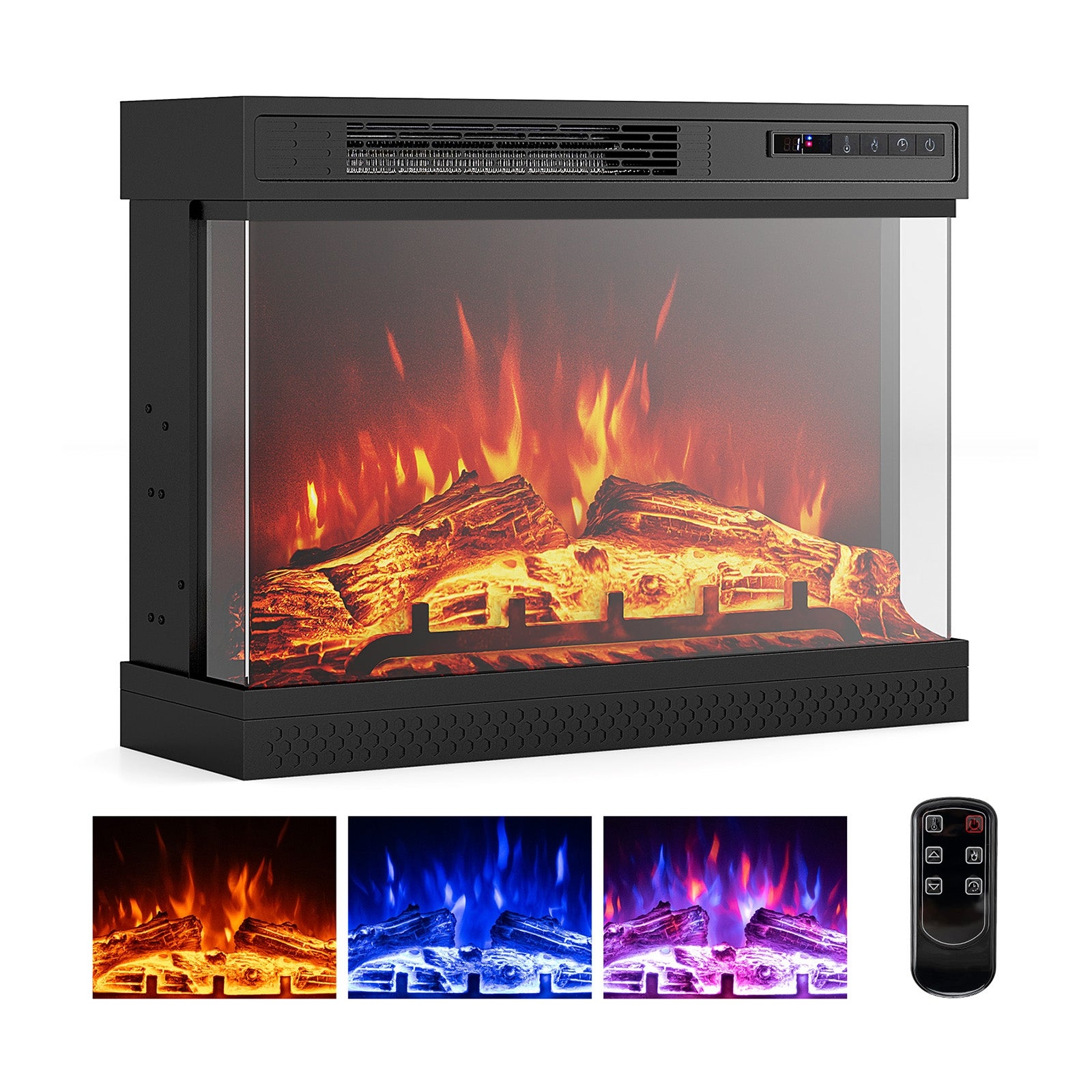 24 Inch 3-Sided Glass Electric Fireplace Heater, Remote Control, Black Fireplaces Black at Gallery Canada