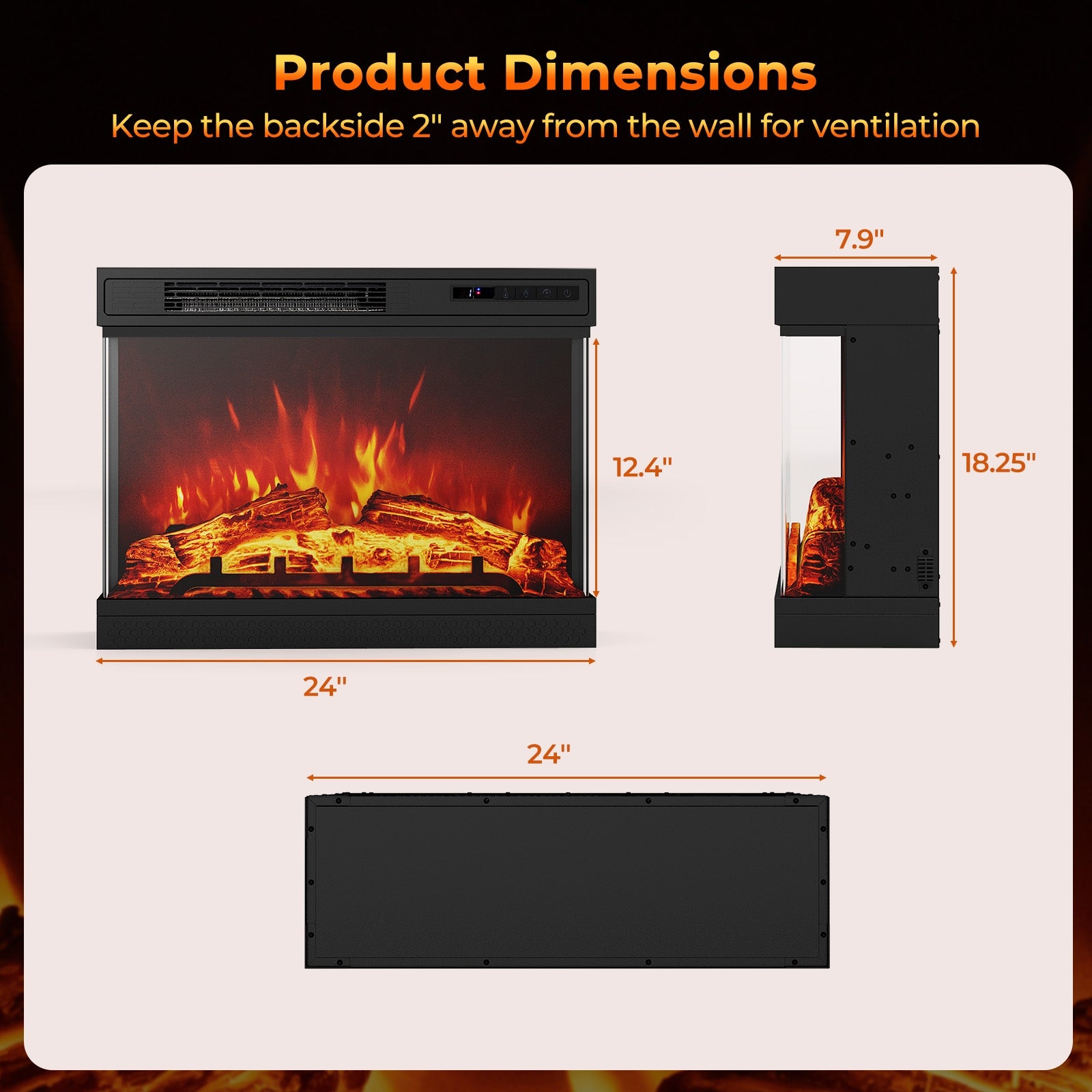 24 Inch 3-Sided Glass Electric Fireplace Heater, Remote Control, Black Fireplaces at Gallery Canada