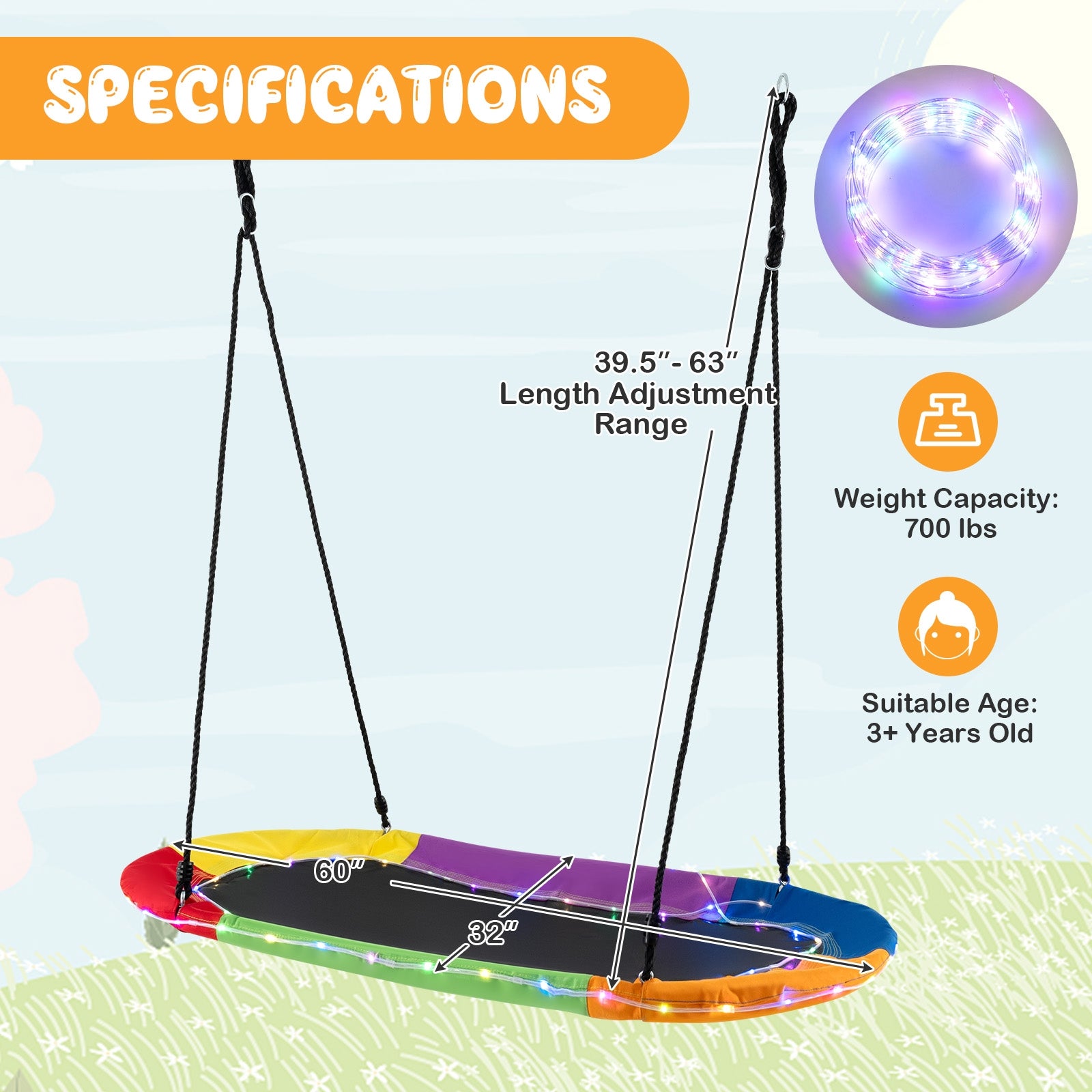 60 Inches Saucer Swing with LED Lights for Kids and Adults, Multicolor Swing & Playsets at Gallery Canada