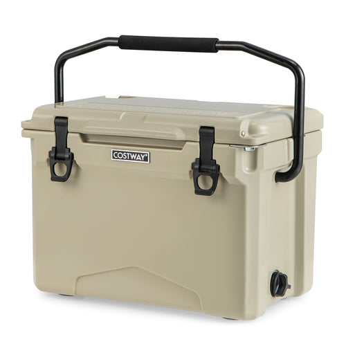 25 QT Hard Cooler with Aluminum Handle and Integrated Cup Holders, Tan