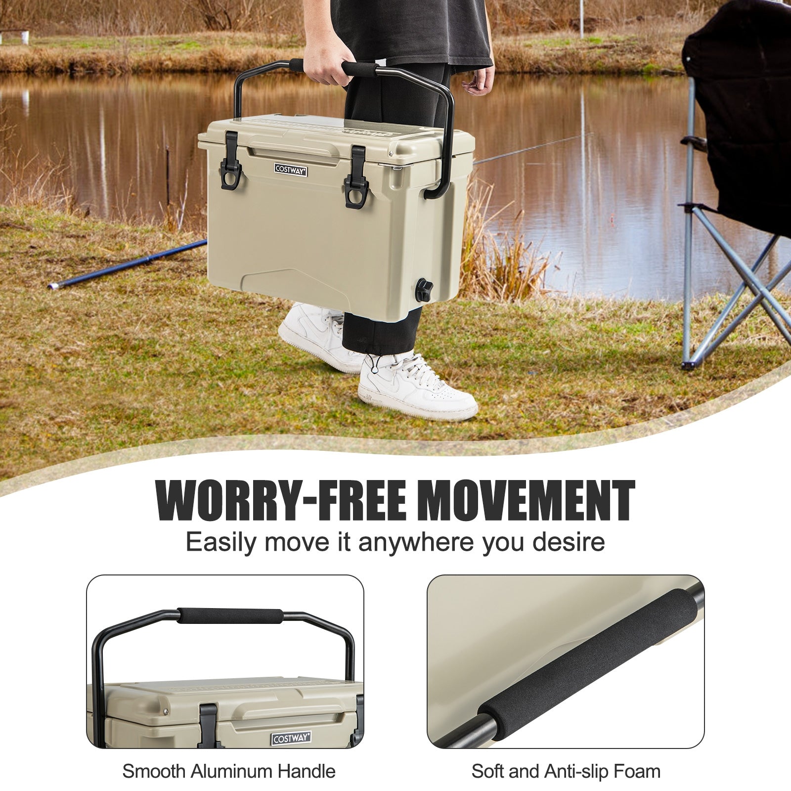 25 QT Hard Cooler with Aluminum Handle and Integrated Cup Holders, Tan Coolers at Gallery Canada