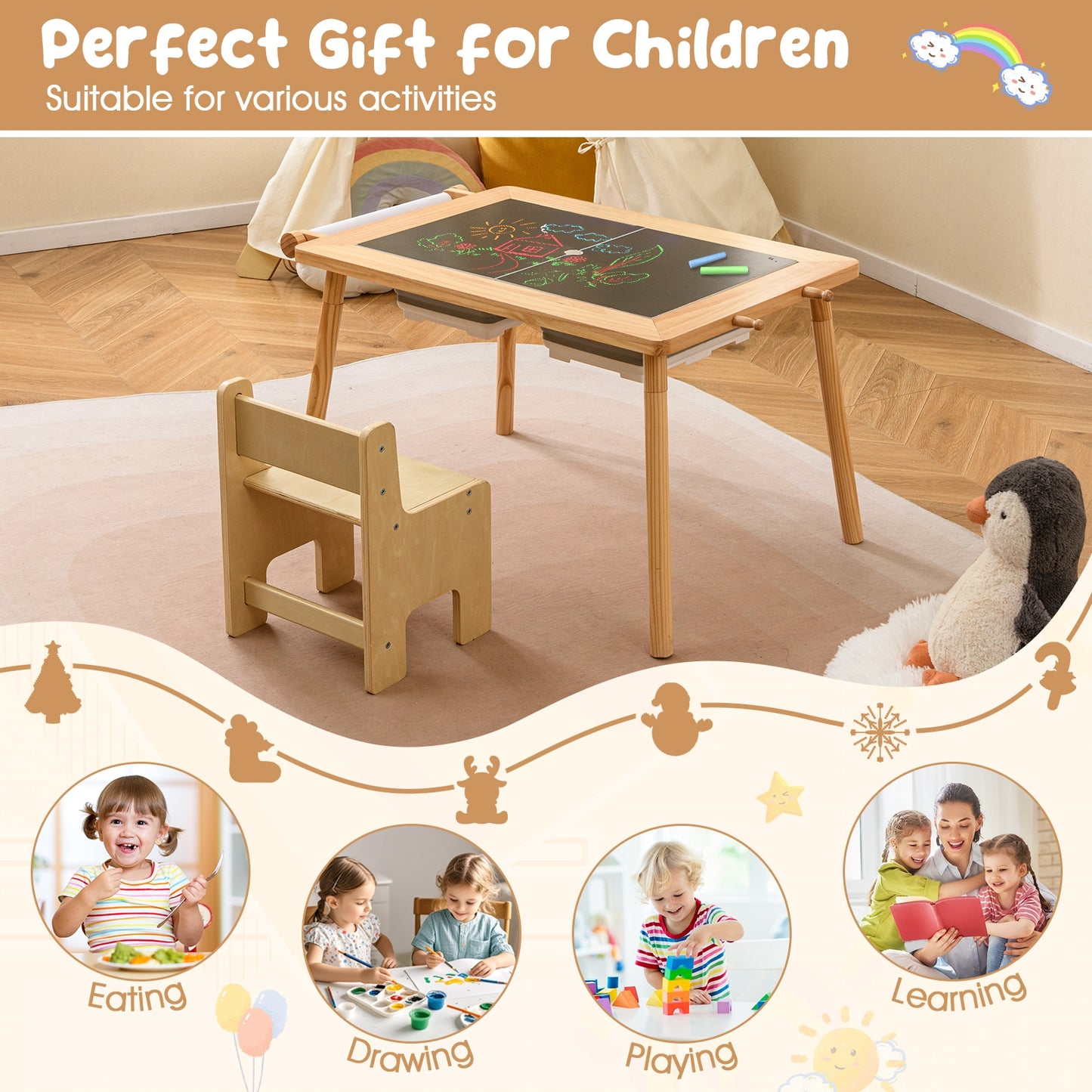Sensory Table and Chair Set for Kids 2-8 with Foldable Bins, Natural Kids Table & Chair Sets at Gallery Canada